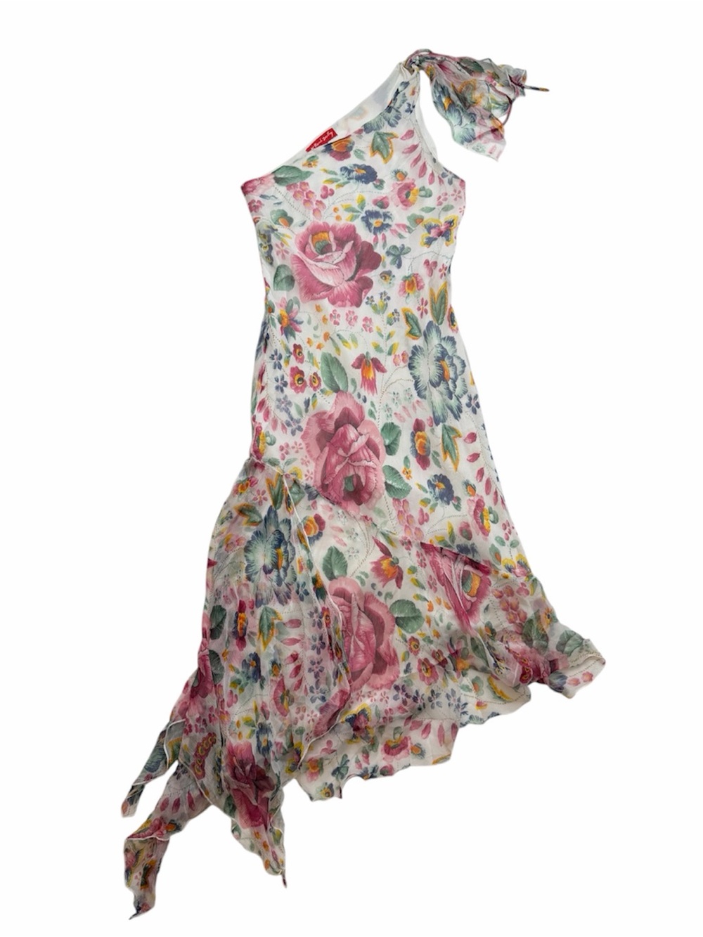 René Derhy Y2K Floral Chiffon One Shoulder Dress Handkerchief Hem